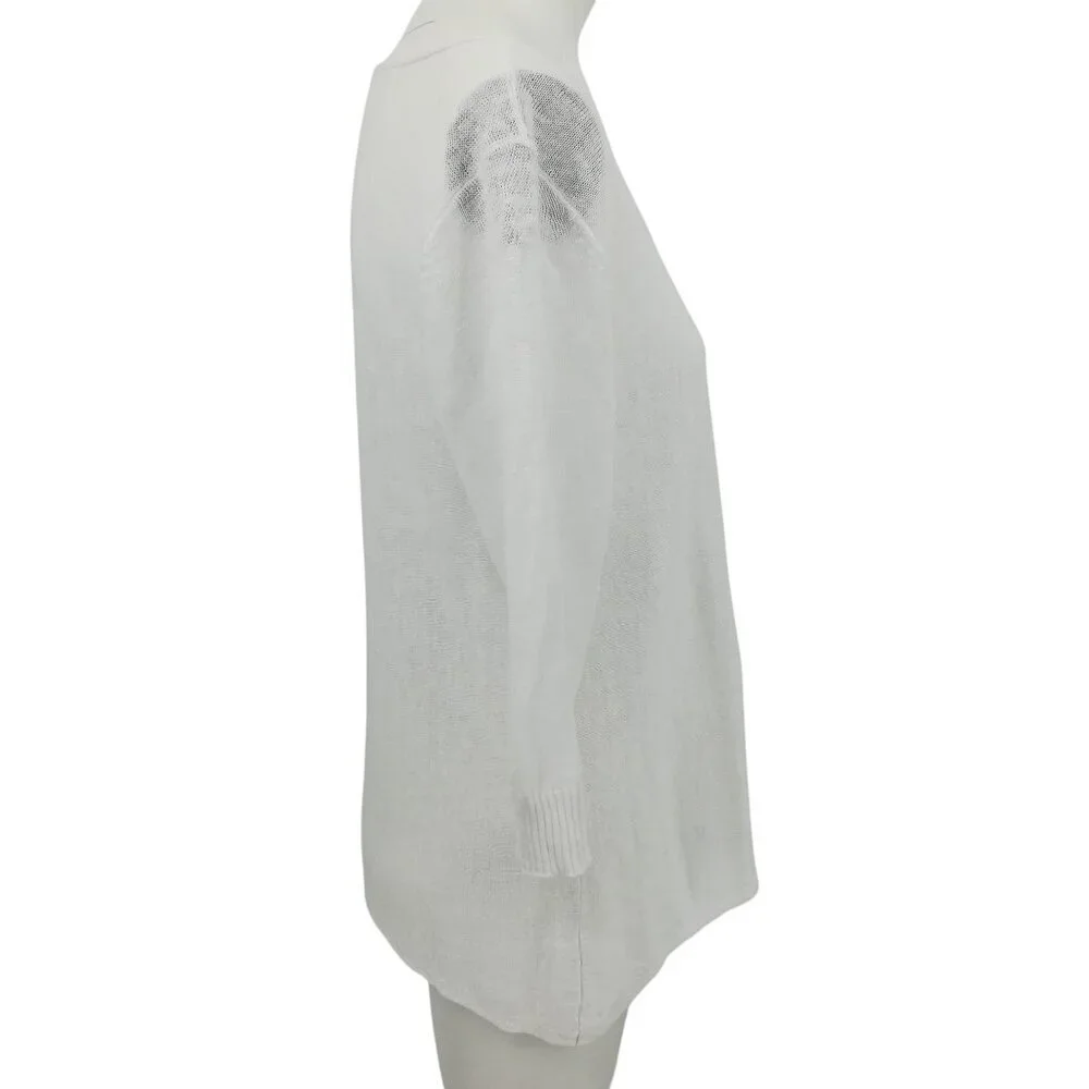 Eileen Fisher White Linen Blend 3/4 Sleeve Loose Knit Sweater Size M Petite